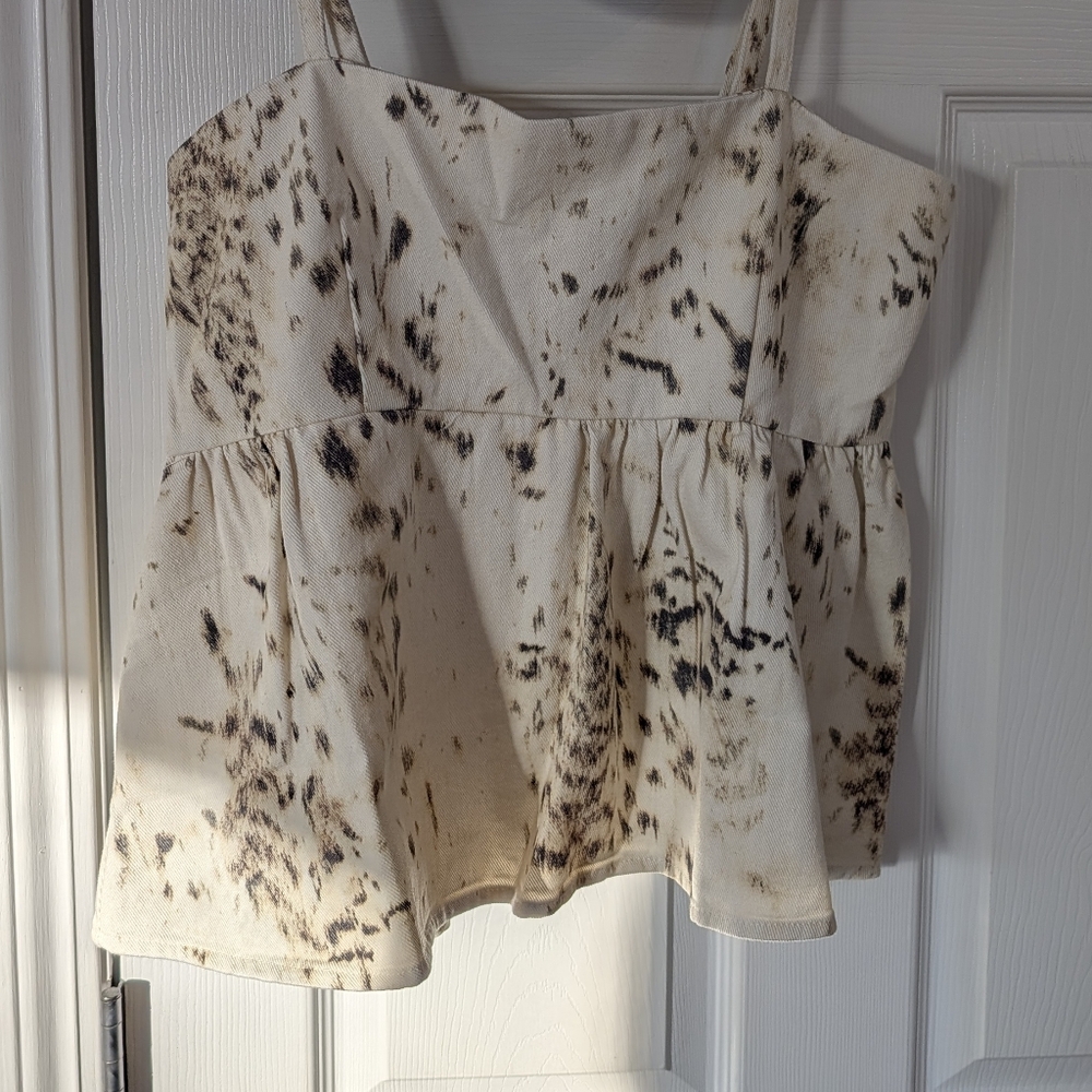 Davi & Dani Spotted Peplum Denim Top in Cream & Brown Super Soft Material New - Picture 8 of 16